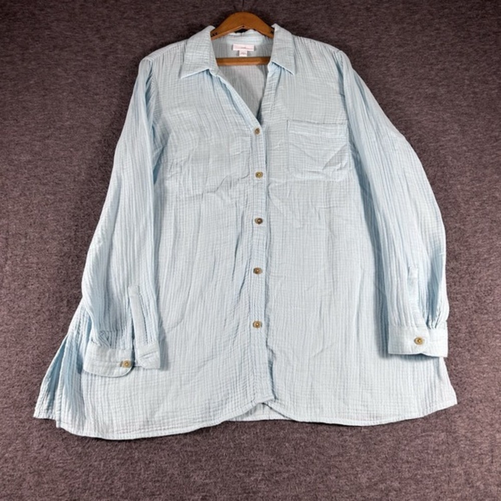 J. Jill Button Up Blouse Top SZ M Blue Casual Gauzy Coastal Grandma Beach Resort